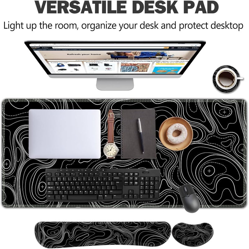 AIMSA Keyboard Mouse Pad Set, Large Gaming Mouse Pad +Wrist Rest Mouse Pad +Keyboard Wrist Support +Coaster, 35x15.7 inch Extended Desk Mat for Easy Typing Pain Relief (Black Topographic) - Image 2